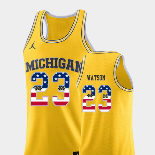 Michigan Wolverines #23 Mens Ibi Watson Jersey Yellow Stitch College Basketball USA Flag
